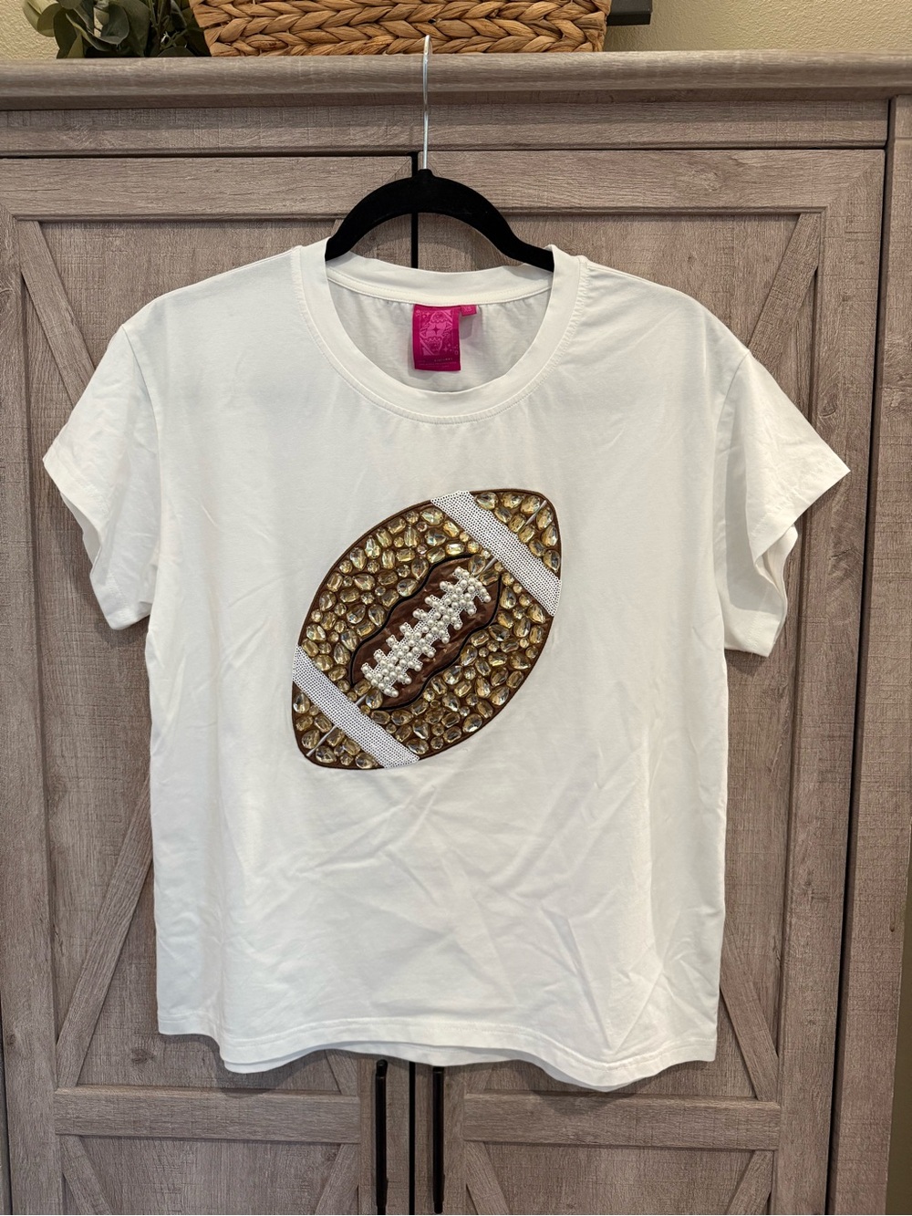 QUEEN OF SPARKLES White Tee with Football Rhinestones Sparkle NWOT